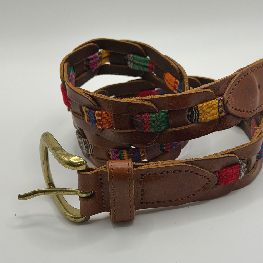 Vintage Boho Brown Leather Woven Multi Color Belt Brass Buckle Handcrafted